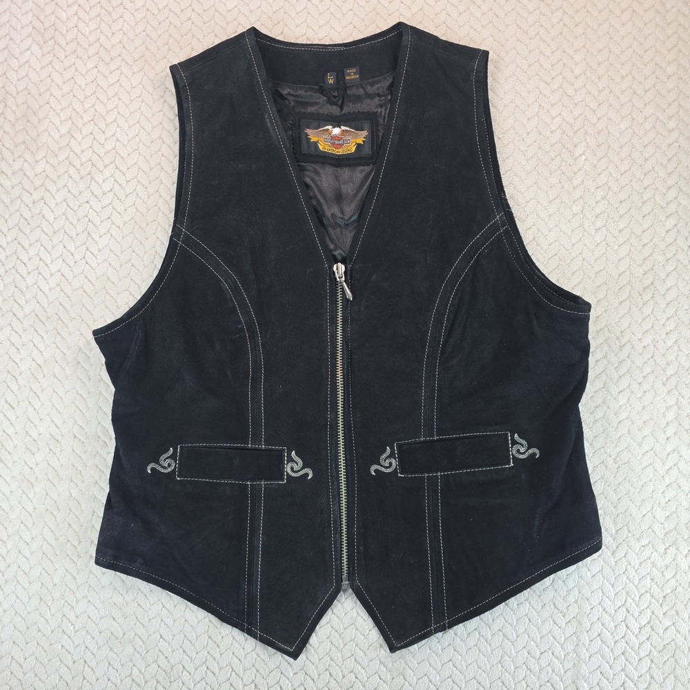 Harley-Davidson Womens Black Suede Leather Biker Vest Zip Up Embroidered Large